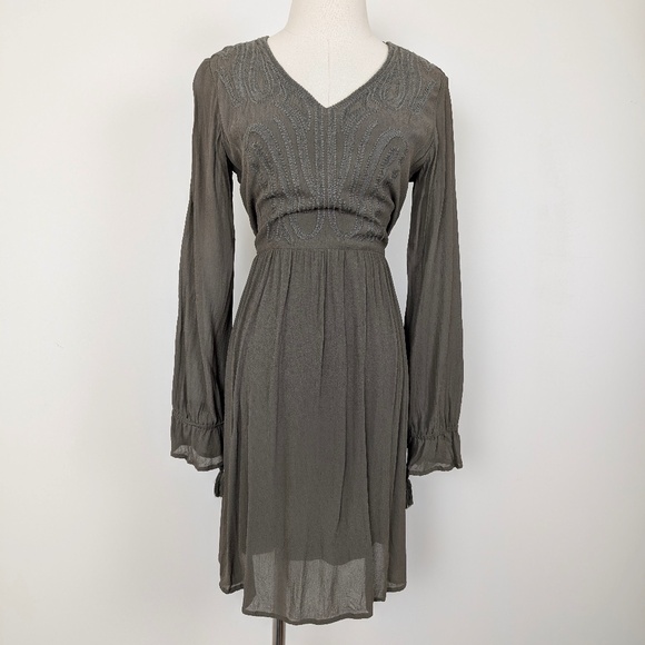 EDC Mini Dress Olive Khaki Green V-Neck Balloon Sleeve Embroidered Long Sleeve - Picture 12 of 13